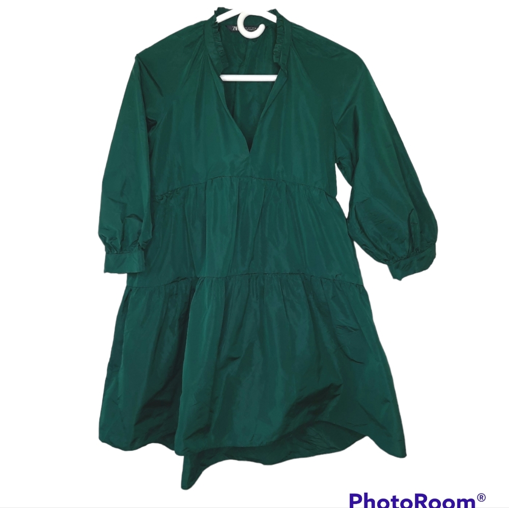 Zara Voluminous Taffeta Green Tiered Min Dress Bloggers Favorite Balloon Sleeve - Picture 2 of 16